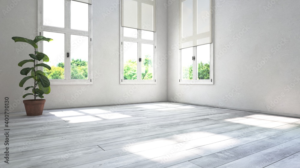 Empty white roomt interior with huge windows and wooden floor. 3D Rendering Empty white roomt interior with huge windows and wooden floor. 3D Rendering