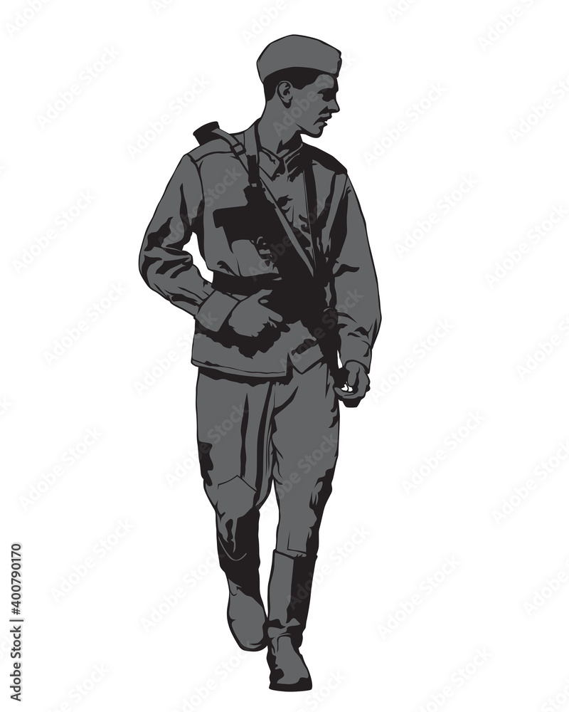 Soviet army soldier in uniform with a machine gun. Isolated figures on white background