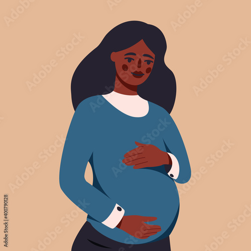 Pregnant woman isolated on white vector illustration. Happy mother is awaiting a baby design element. Young female parent in cartoon style.