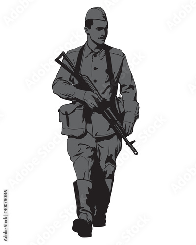 Soviet army soldier in uniform with a machine gun. Isolated figures on white background