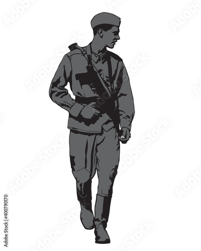 Fototapeta Naklejka Na Ścianę i Meble -  Soviet army soldier in uniform with a machine gun. Isolated figures on white background