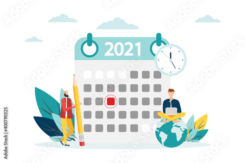 vector illustration. human characters make up an online timetable on a tablet. Planning for 2021. designing business graphics, planning tasks for the week - Vector.