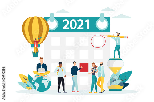 vector illustration. human characters make up an online timetable on a tablet. Planning for 2021. designing business graphics, planning tasks for the week - Vector.