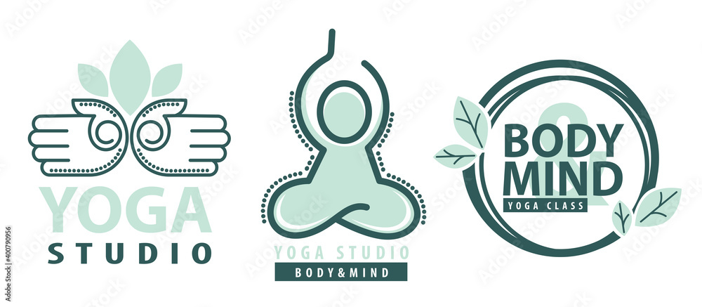 Yoga studio, mind and body meditation label vector Stock Vector | Adobe  Stock