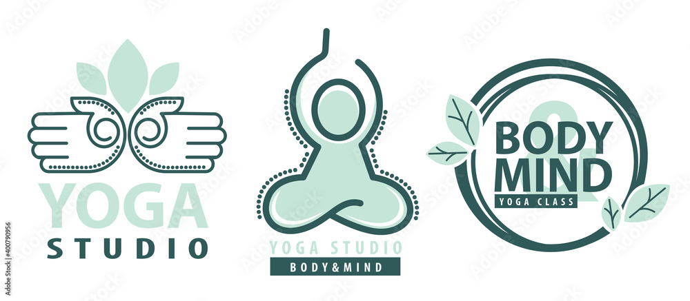 Yoga studio, mind and body meditation label vector Yoga studio, mind and body meditation label vector