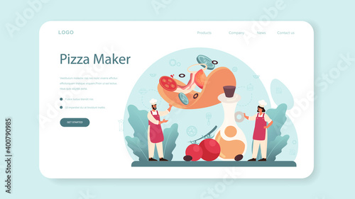 Pizzeria web banner or landing page. Chef cooking tasty