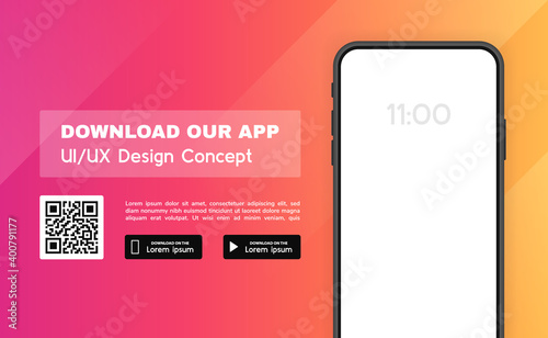 Download our app advertising banner. App for mobile phone. Phone mockup template for your application. Modern Vector illustration