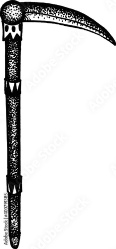 hand drawn Ancient rusted scythe isolated on white