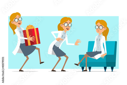 Cartoon flat funny blonde doctor woman character in white uniform and glasses. Girl sneaking and carrying new year holiday gift. Ready for animation. Isolated on blue background. Vector set.