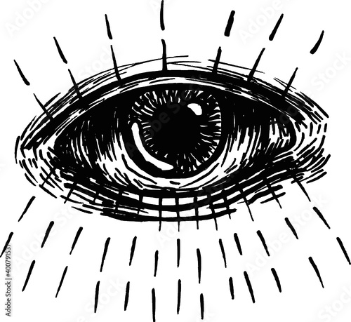 Human eye engraving vector illustration. Scratch board style imitation. Black and white hand drawn image.