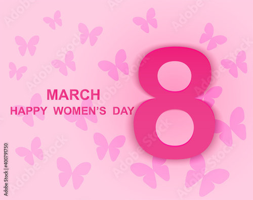 8 march. Happy Woman's Day. Card design with paper art white butterflies. pink background .Vector.