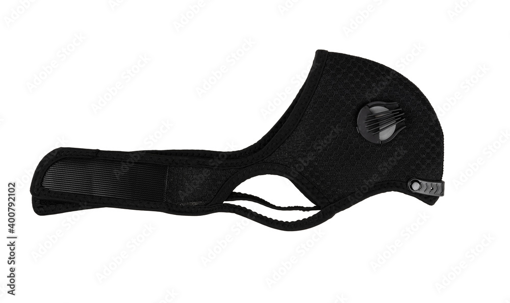 Anti-Pollution Washable Cycling Face Mask with active carbon filters. Air-filtration respiratory black mesh mask isolated on white background Anti-Pollution Washable Cycling Face Mask with active carbon filters. Air-filtration respiratory black mesh mask isolated on white background