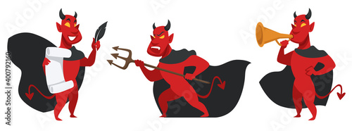 Photo Evil devil character with hayfork and trumpet