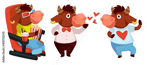 Funny bull character watching movie in cinema