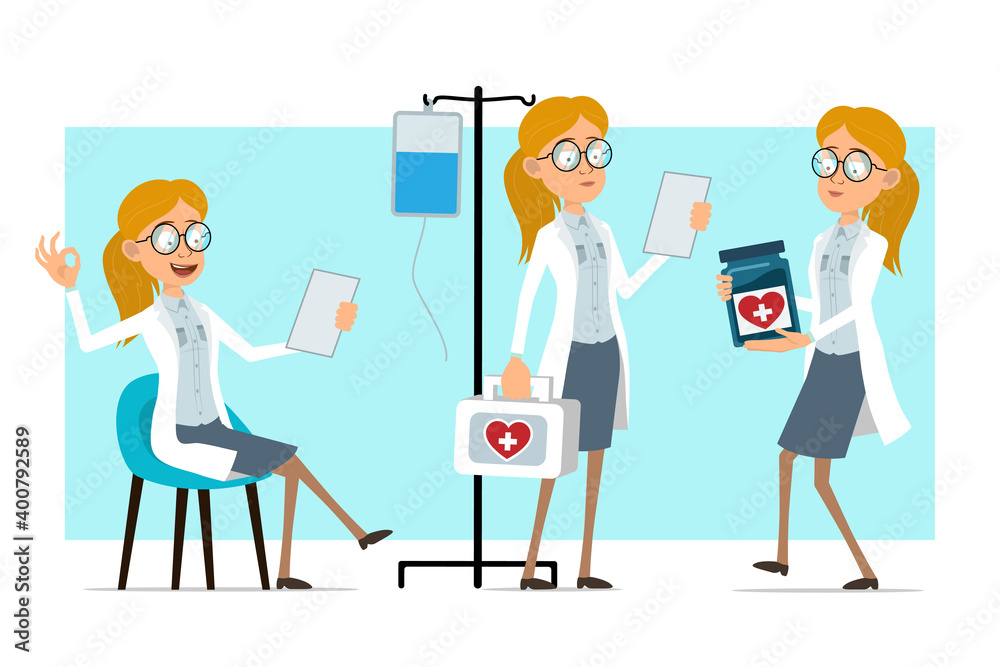 Cartoon flat funny blonde doctor woman character in white uniform and glasses. Girl reading note, holding, medical jar and first aid kit. Ready for animation. Isolated on blue background. Vector set.