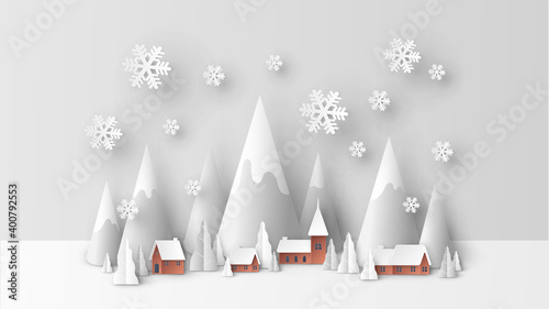 Winter urban countryside landscape. Countryside landscape in winter. Merry Christmas and Happy New Year. paper cut and craft style. vector, illustration.