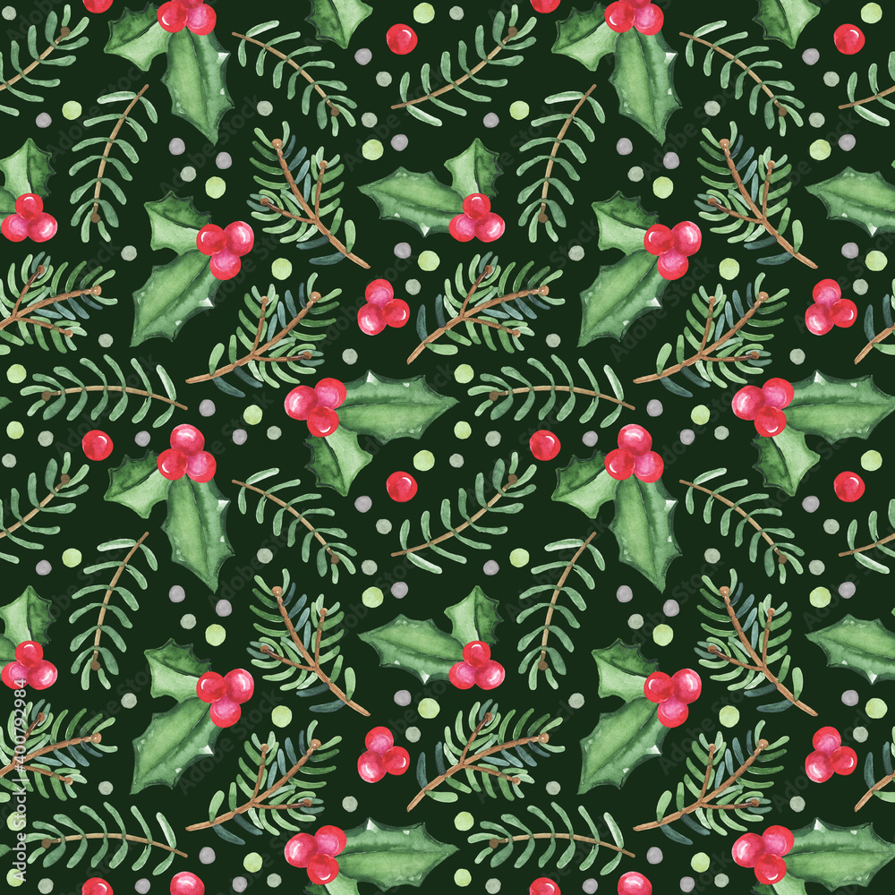 Watercolor Christmas pattern with leaves and berries Watercolor Christmas pattern with leaves and berries