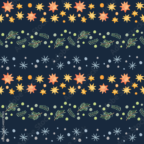 Watercolor seamless pattern with pine branches,stars and snowflakes