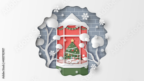 The brick facade of house view through the window to living room with Christmas tree, Christmas wreath and cats on the table. Merry Christmas. paper cut and craft style. vector, illustration.