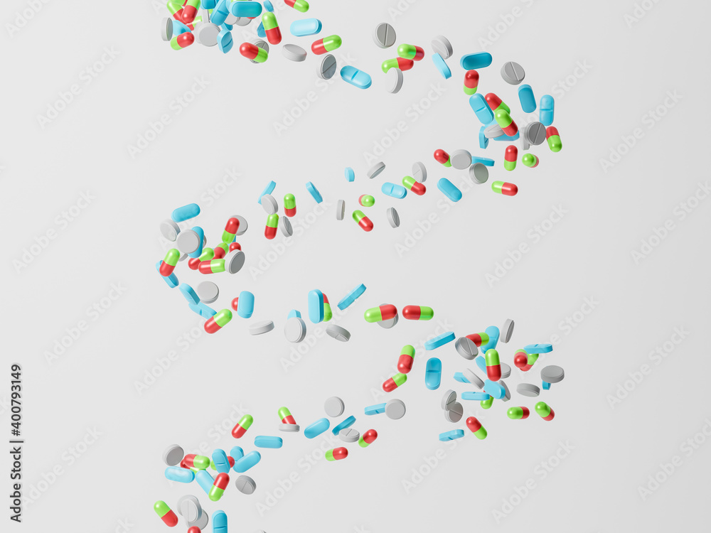 Medicine pills or tablets which falling down. Levitation capsules. Pharmacy background with drug on a white background. 3d rendering