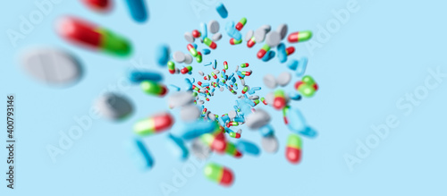 Medicine pills or tablets which falling down. Levitation capsules. Pharmacy background with drug on a white background. 3d rendering