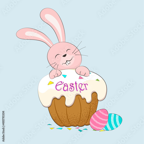 Happy pink bunny with easter cuckoo and easter eggs
