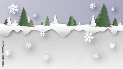 Winter landscape with pine trees and text space. Christmas and new year background. paper cut and craft style. vector, illustration.