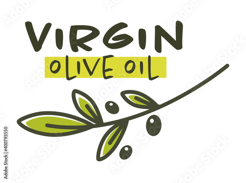 Virgin olive oil, branch of plant with berries