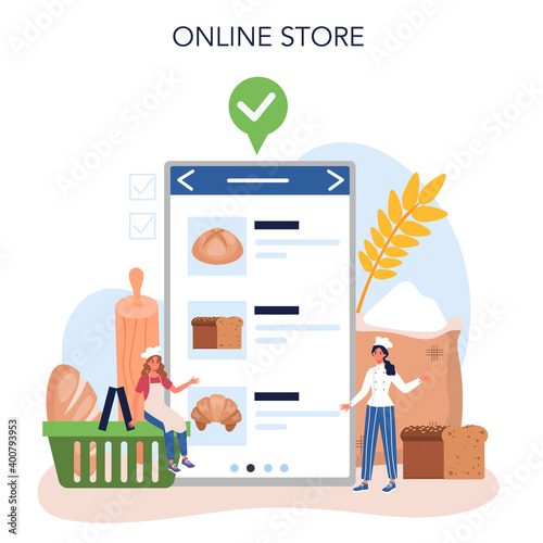 Baker online service or platform. Chef in the uniform baking bread.