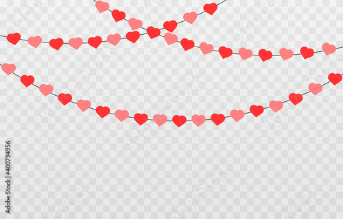 Vector garland of hearts. Hearts for Valentine's Day. Garland png, hearts png. Garland of love on an isolated transparent background.