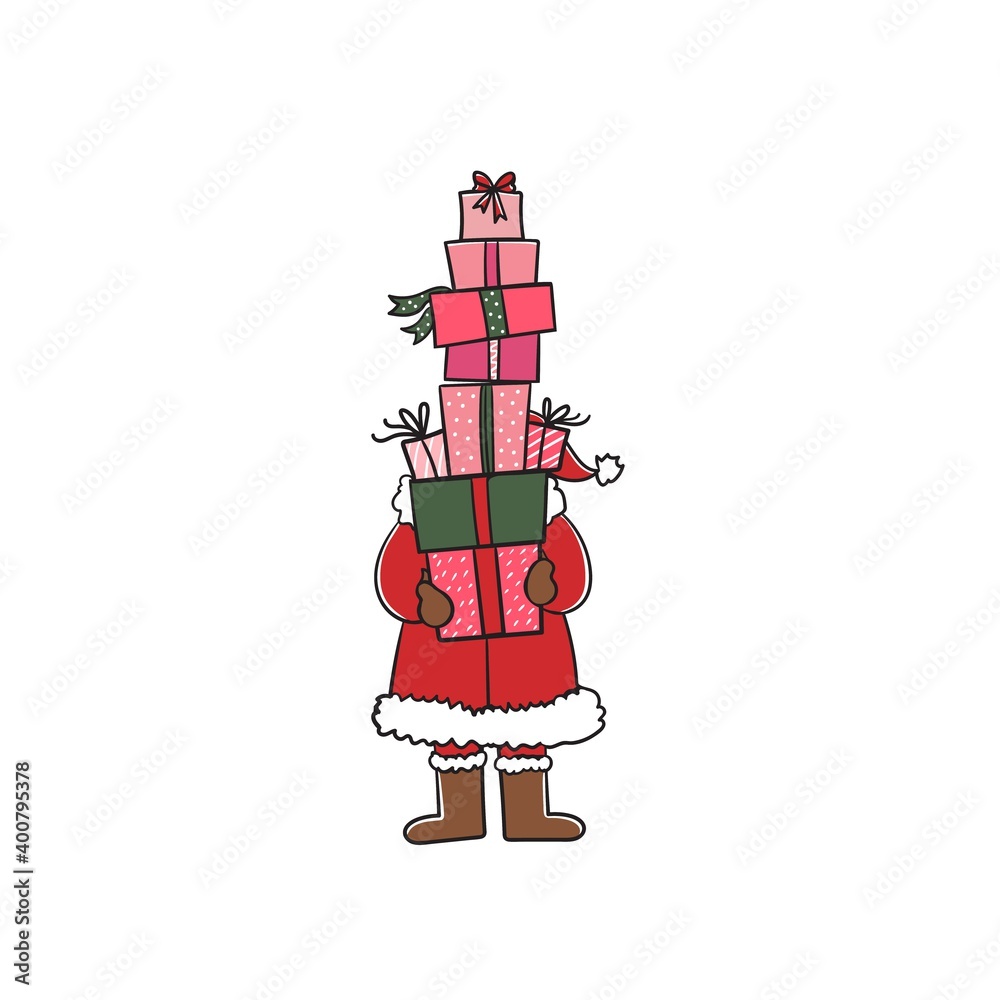 Obraz premium Santa Claus carries many gifts. Stock illustration isolated on white background. Hand drawing of a holiday card.Christmas holidays concept,new year