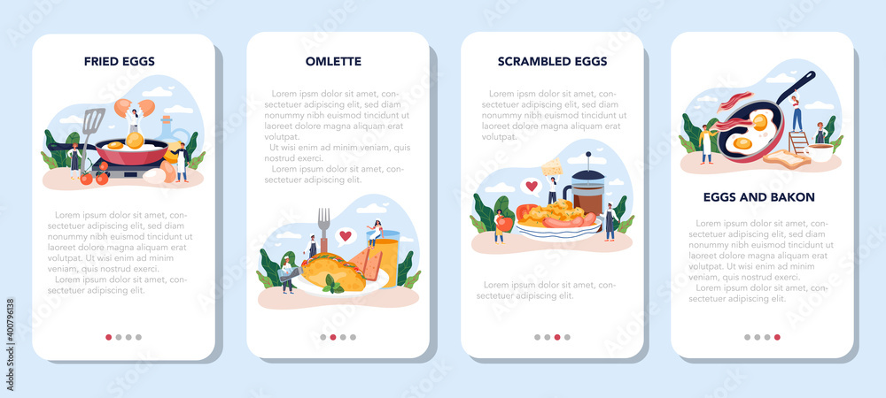 Naklejka premium Tasty fried eggs for breakfast mobile application banner set. Scrambled egg