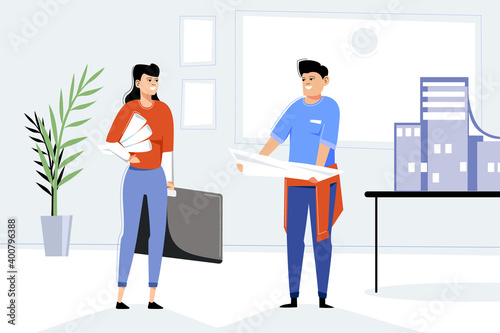 Woman architect-designer shows blueprints in the office, modern flat. Male and female architects are discussing the construction plan. A girl with a folder for the artist and drawings in her hands.