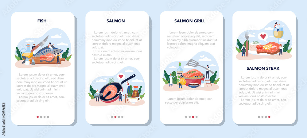 Salmon steak mobile application banner set. Chef cooking grilled fish