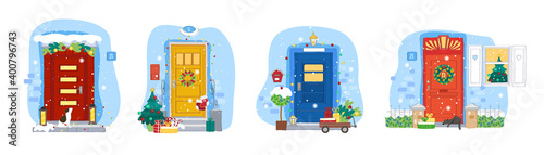 Christmas and New Year doors and windows collection. Holiday Vector illustration for Christmas Banners, Placards and Posters.