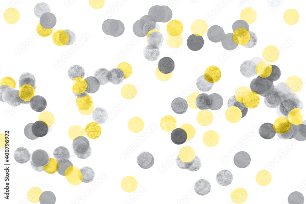 Yellow and gray confetti isolated on white background. Banner.