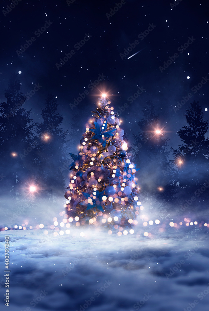 Night winter forest fantasy landscape with a Christmas decorated tree. Festive bokeh lights, dark forest, neon lights. Decorated Christmas tree in the night forest. Background for postcards. Night winter forest fantasy landscape with a Christmas decorated tree. Festive bokeh lights, dark forest, neon lights. Decorated Christmas tree in the night forest. Background for postcards.