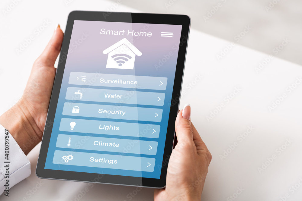 Remote Smart Home Control System Opened On Digital Tablet In Female Hands Remote Smart Home Control System Opened On Digital Tablet In Female Hands