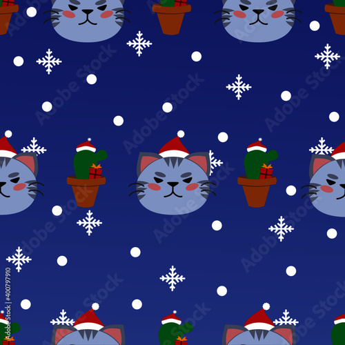 Seamless Christmas pattern with Santa cat, snowflakes, snow, cactus, gift box on blue background.