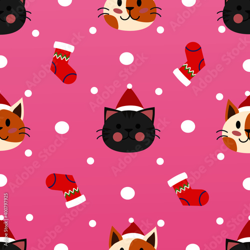 Seamless Christmas pattern with Santa cat, snow, socks on pink background.