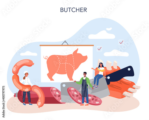 Butcher or meatman concept. Fresh meat and semi-finished