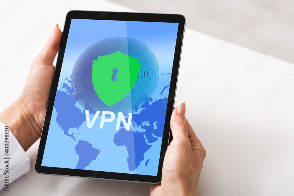 Female holding digital tablet with VPN virtual private network app, collage Female holding digital tablet with VPN virtual private network app, collage