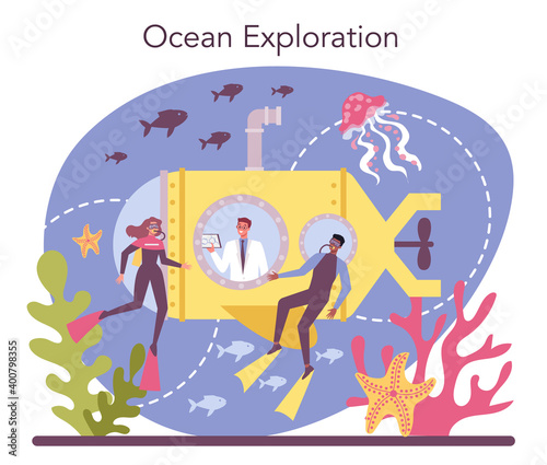 Oceanologist concept. Oceanography scientist. Practical studying and exploration