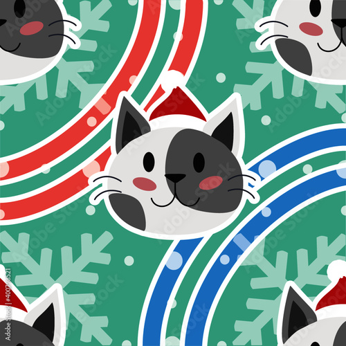 Seamless Christmas pattern with Santa cat, snowflakes on green background.