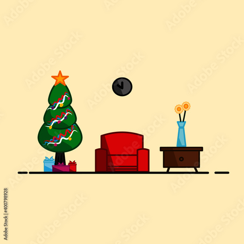 Christmas room interior in flat style.