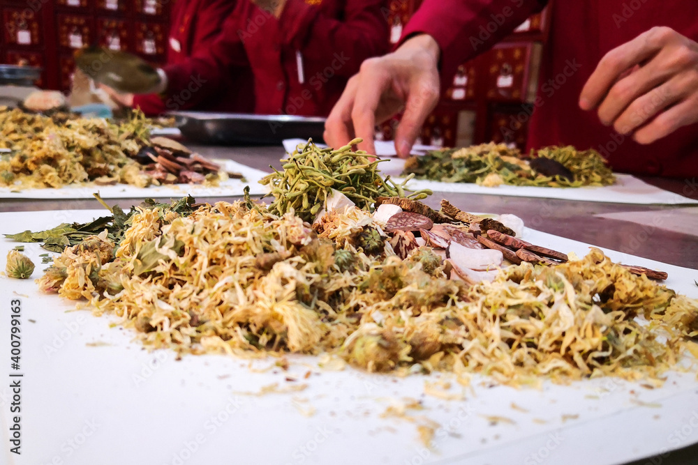 Close-up of Traditional Chinese medicine, Chinese medicine dispensary with blurred traditional Chinese medicine. Close-up of Traditional Chinese medicine, Chinese medicine dispensary with blurred traditional Chinese medicine.