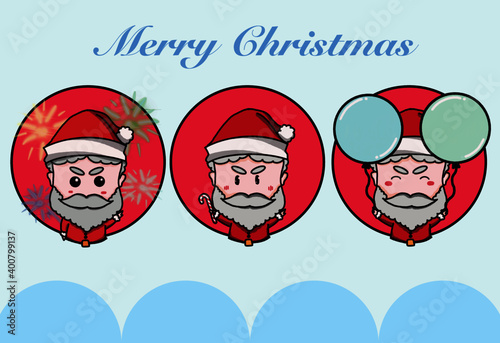 Three Santa Claus cartoon character in flat style. Merry Christmas with Santa Claus.