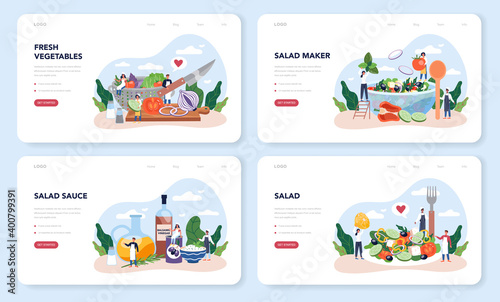 Fresh salad in a bowl web banner or landing page set. Peopple cooking organic