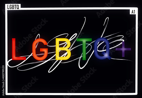 Neon text LGBTQ+ on dark background in light frame with line decorate.
