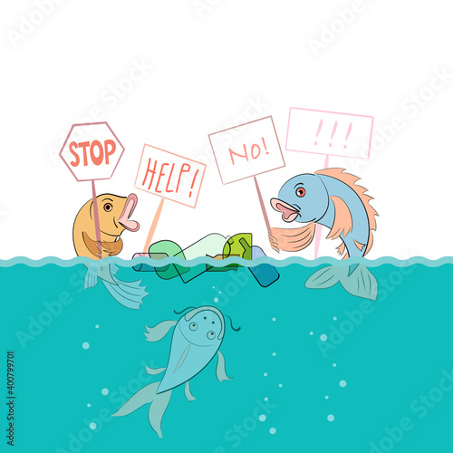 Fish protesting against environmental pollution, garbage in the ocean, plastic bottles on the surface of the sea. vector illustration of cartoon fish characters with transports.